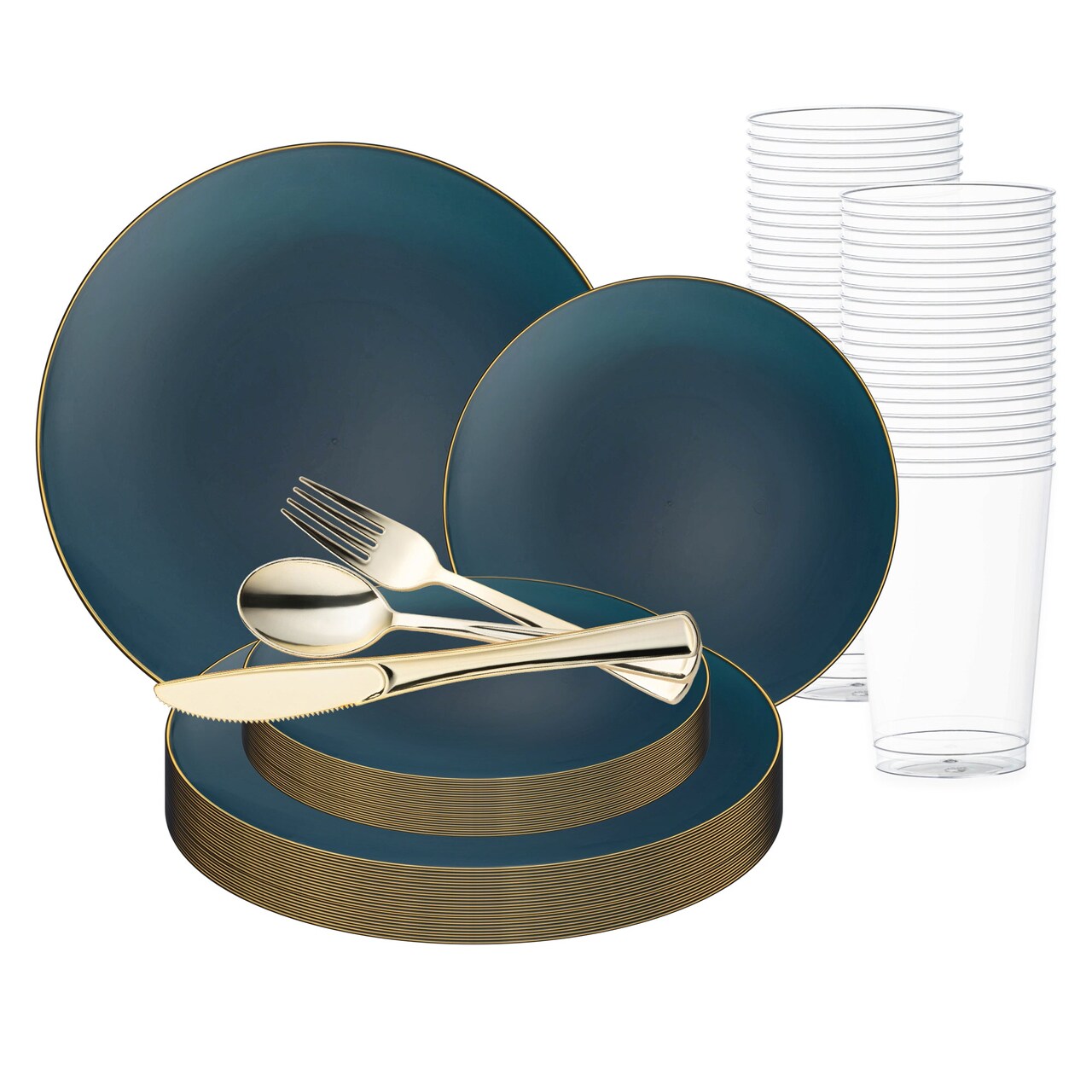 Navy with Gold Rim Organic Round Disposable Plastic Wedding Value Set (20 Settings)
